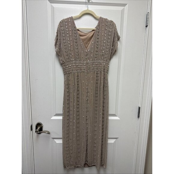 Mac Duggal Size 8 Beige 93649 Beaded Cap Sleeve Column Gown Midi Dress $498 New - Picture 11 of 14